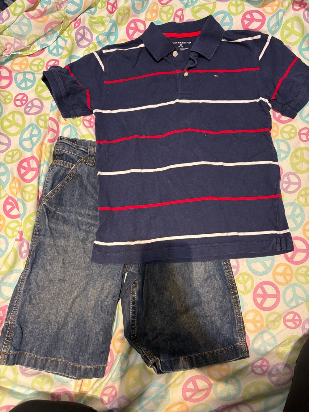 Tommy Hilfiger Navy Polo with Red and White Stripes and Jean Shorts (KIDS 8)